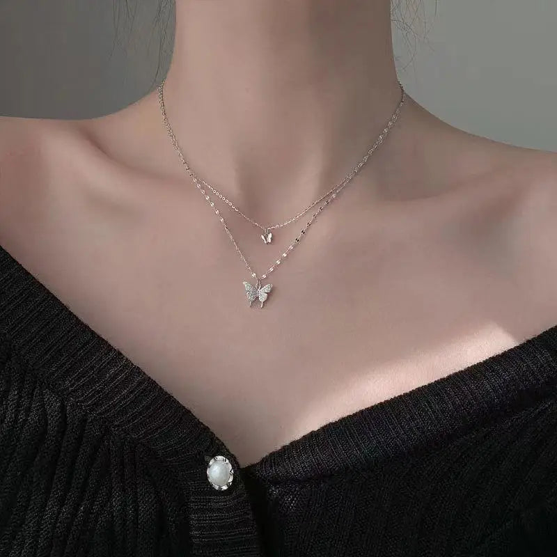 LATS Shiny Butterfly Necklaces Ladies Double Layer Clavicle Chain Necklace Jewelry for Ladies