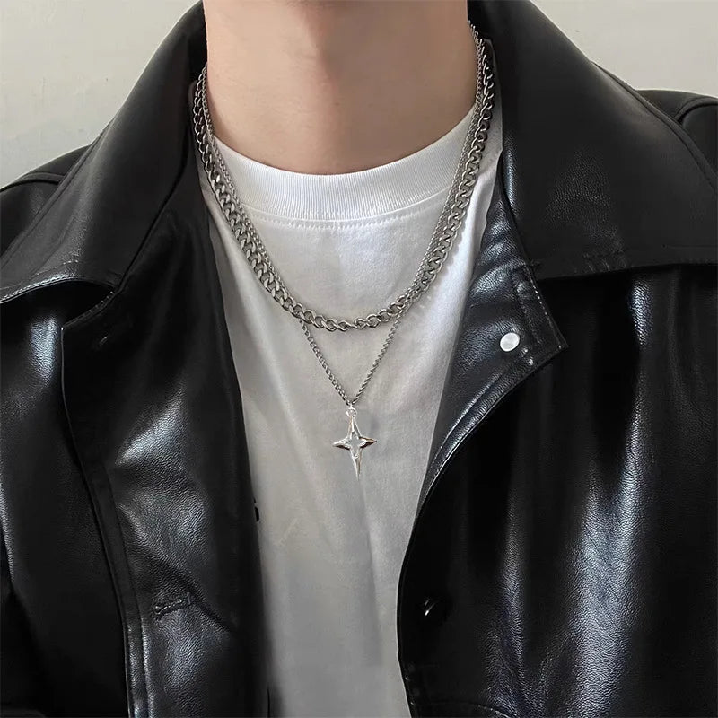 Double Layered Cuban Star Pendant Necklace for Man Titanium Steel