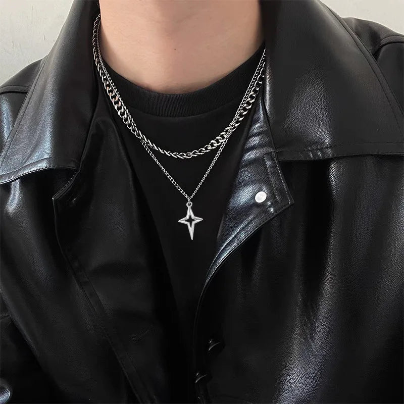 Double Layered Cuban Star Pendant Necklace for Man Titanium Steel