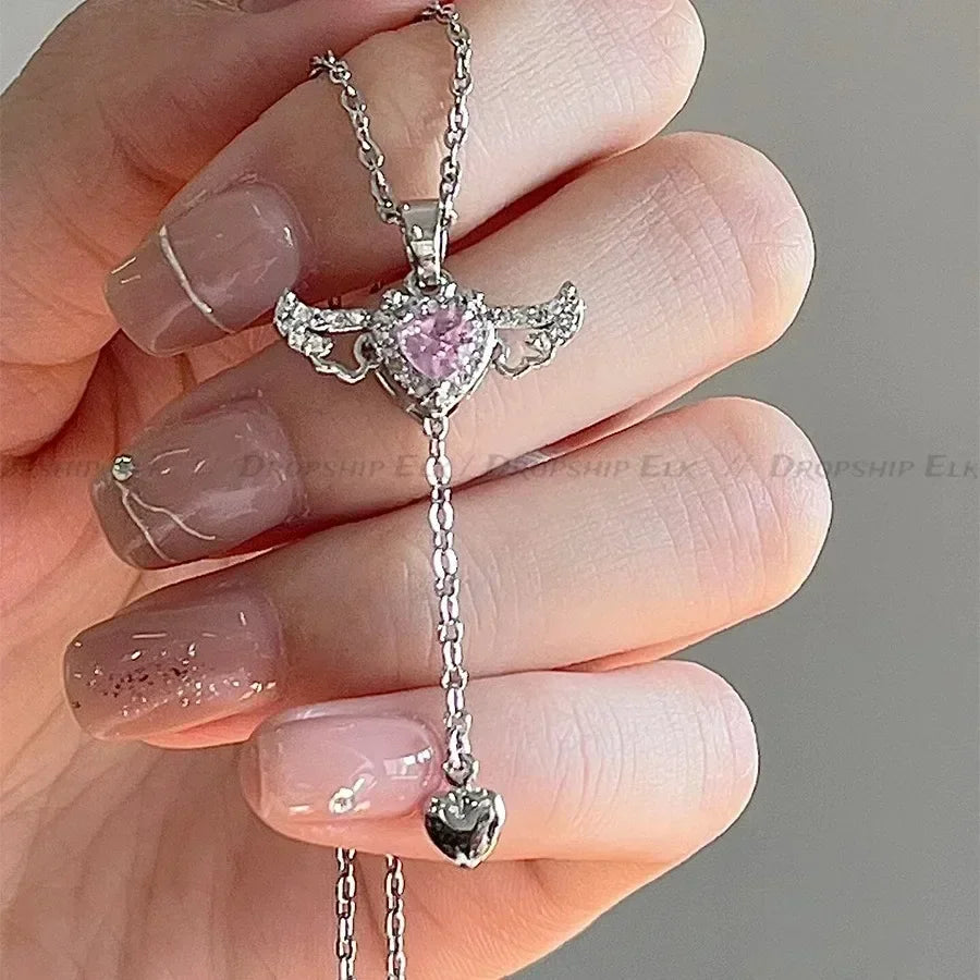925 Sterling Silver Heart Angel Wings Pendant Choker Necklaces For Women