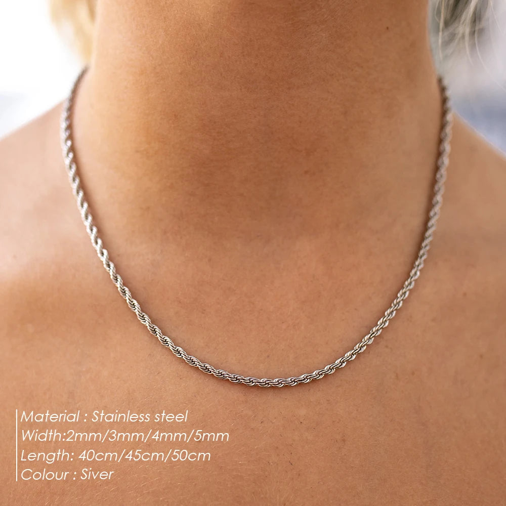 eManco 2/3/4/5MM Rope Chain Necklace Silver Color Chains Stainless