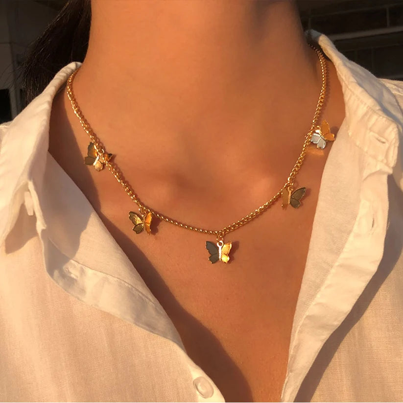LATS Shiny Butterfly Necklaces Ladies Double Layer Clavicle Chain Necklace Jewelry for Ladies