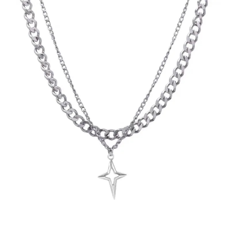 Double Layered Cuban Star Pendant Necklace for Man Titanium Steel