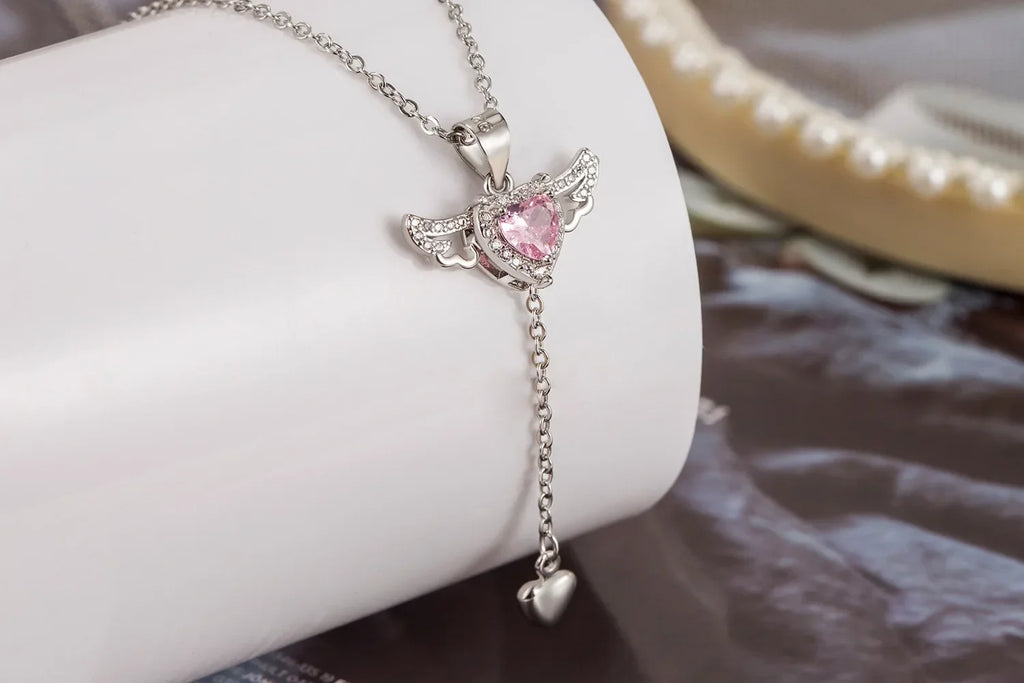 925 Sterling Silver Heart Angel Wings Pendant Choker Necklaces For Women