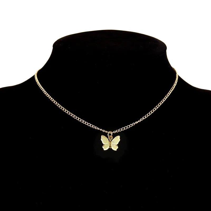 LATS Shiny Butterfly Necklaces Ladies Double Layer Clavicle Chain Necklace Jewelry for Ladies