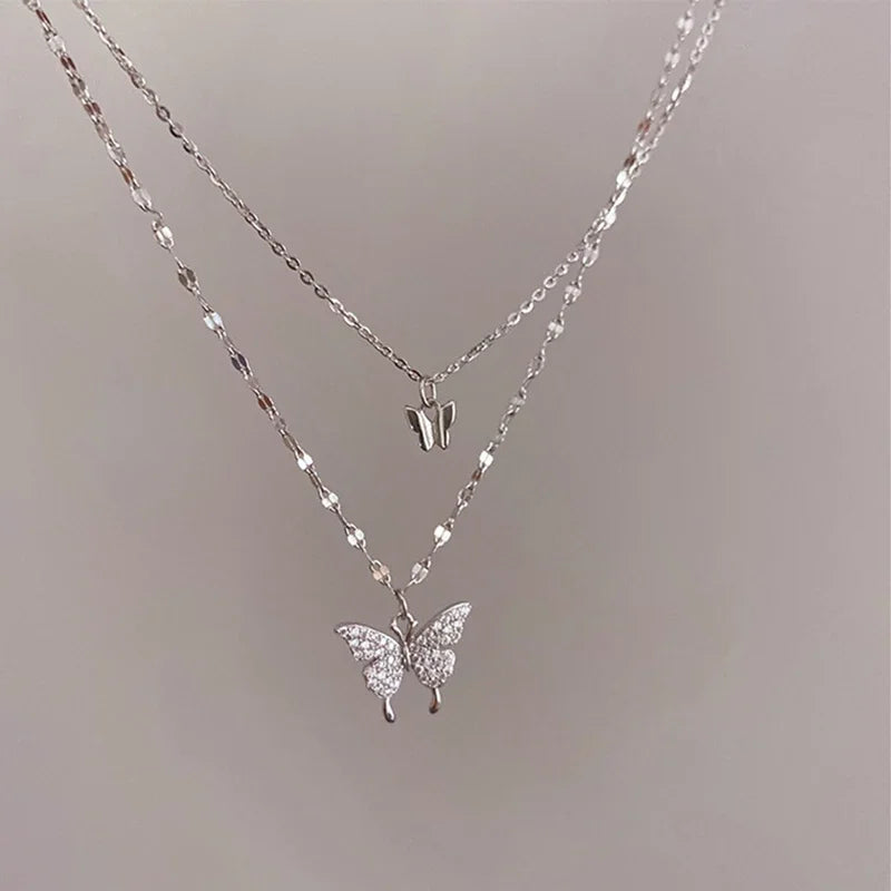 LATS Shiny Butterfly Necklaces Ladies Double Layer Clavicle Chain Necklace Jewelry for Ladies