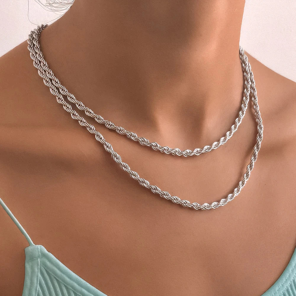 eManco 2/3/4/5MM Rope Chain Necklace Silver Color Chains Stainless