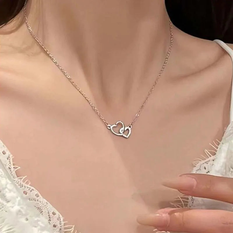 Simple Silver Color Love Heart Pendant Necklace Charm Chain Collares Necklace for Women Party Jewelry Daily Wear