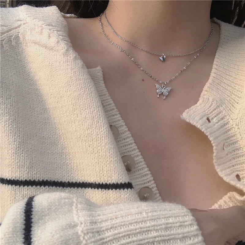LATS Shiny Butterfly Necklaces Ladies Double Layer Clavicle Chain Necklace Jewelry for Ladies