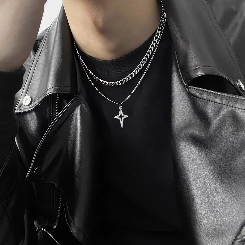 Double Layered Cuban Star Pendant Necklace for Man Titanium Steel