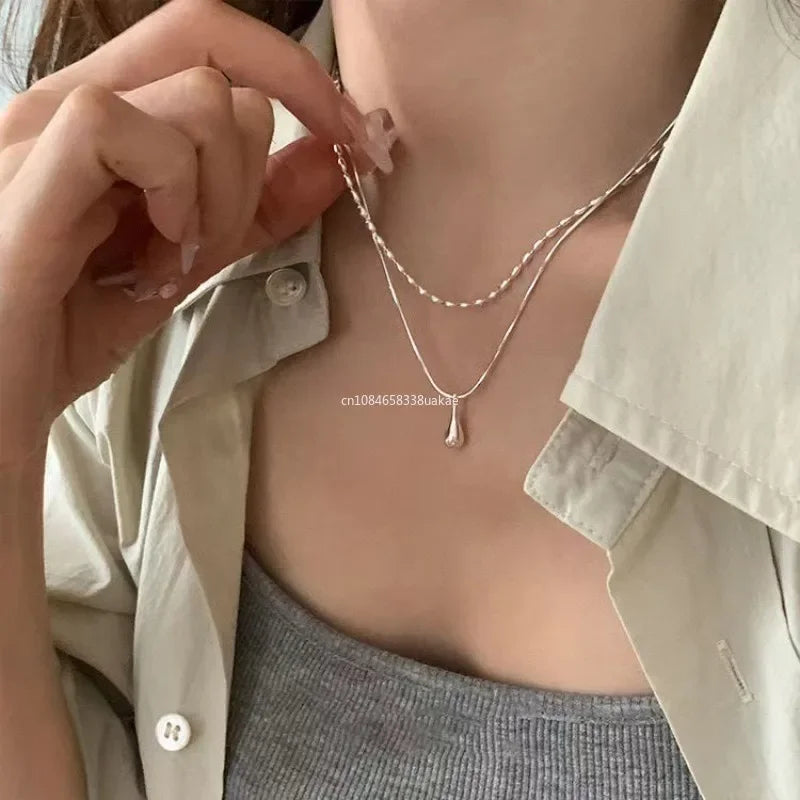 Silver Simple Design Drop Pendant Necklace for Women