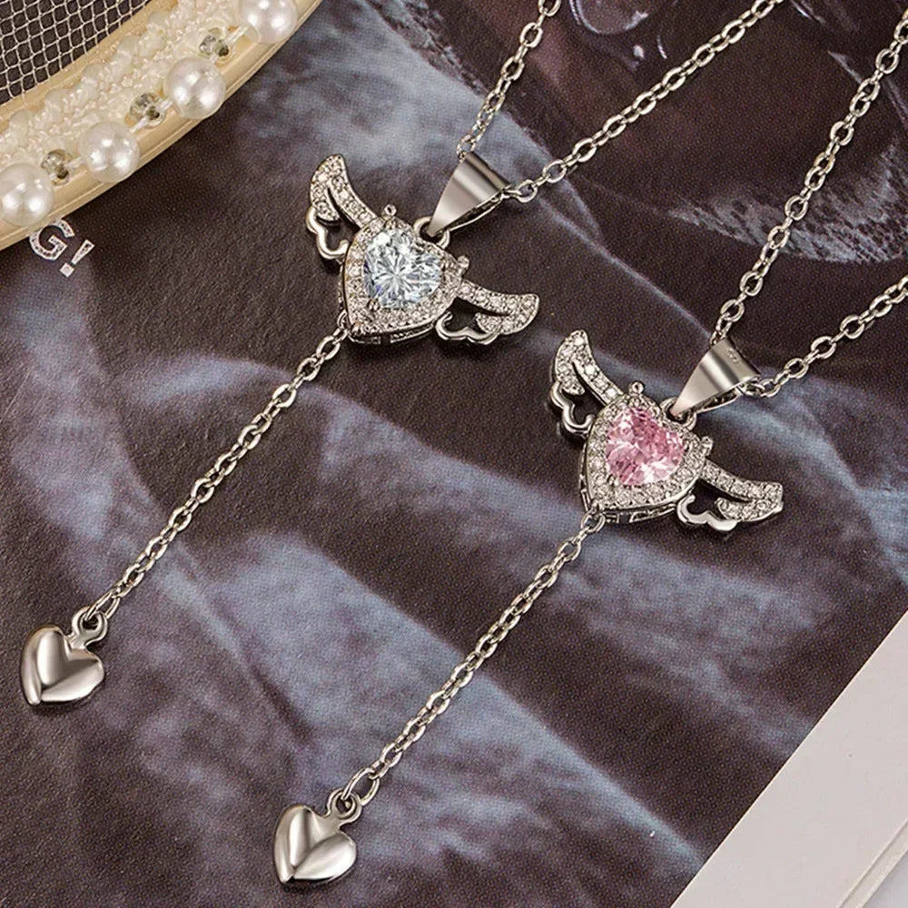 925 Sterling Silver Heart Angel Wings Pendant Choker Necklaces For Women