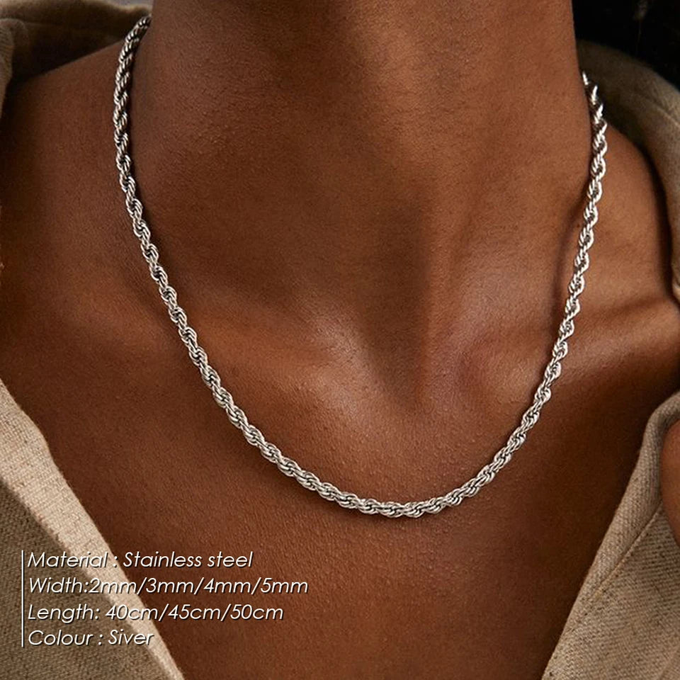 eManco 2/3/4/5MM Rope Chain Necklace Silver Color Chains Stainless