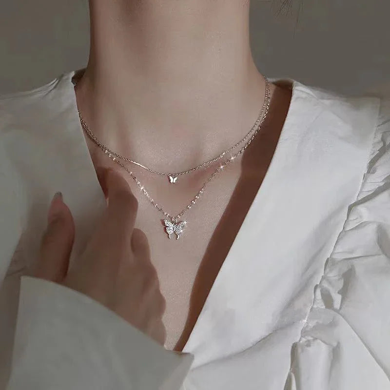LATS Shiny Butterfly Necklaces Ladies Double Layer Clavicle Chain Necklace Jewelry for Ladies
