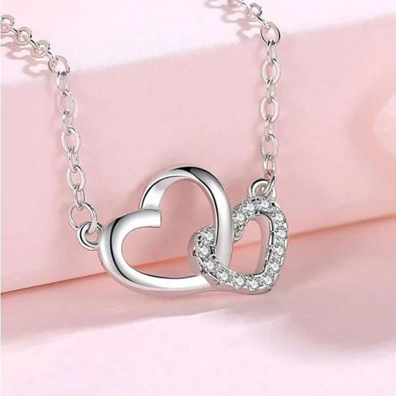 Simple Silver Color Love Heart Pendant Necklace Charm Chain Collares Necklace for Women Party Jewelry Daily Wear