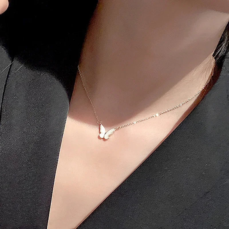 LATS Shiny Butterfly Necklaces Ladies Double Layer Clavicle Chain Necklace Jewelry for Ladies
