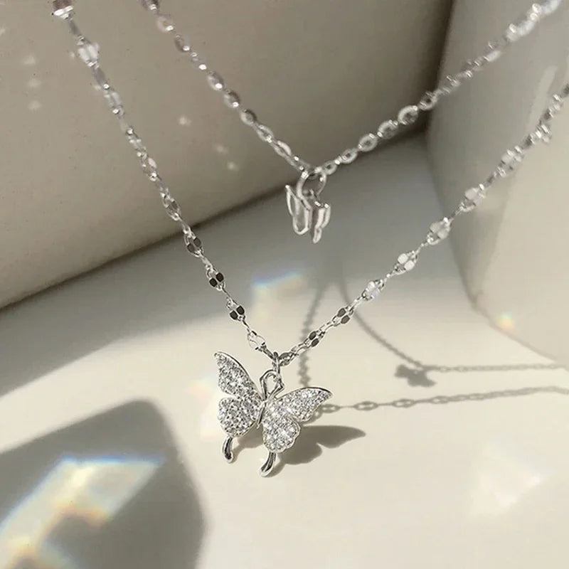LATS Shiny Butterfly Necklaces Ladies Double Layer Clavicle Chain Necklace Jewelry for Ladies