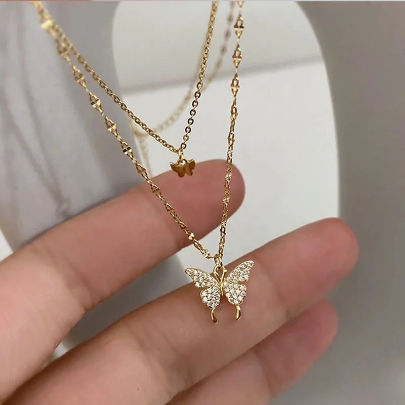 LATS Shiny Butterfly Necklaces Ladies Double Layer Clavicle Chain Necklace Jewelry for Ladies