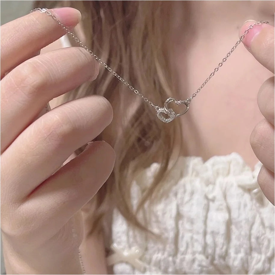 Simple Silver Color Love Heart Pendant Necklace Charm Chain Collares Necklace for Women Party Jewelry Daily Wear