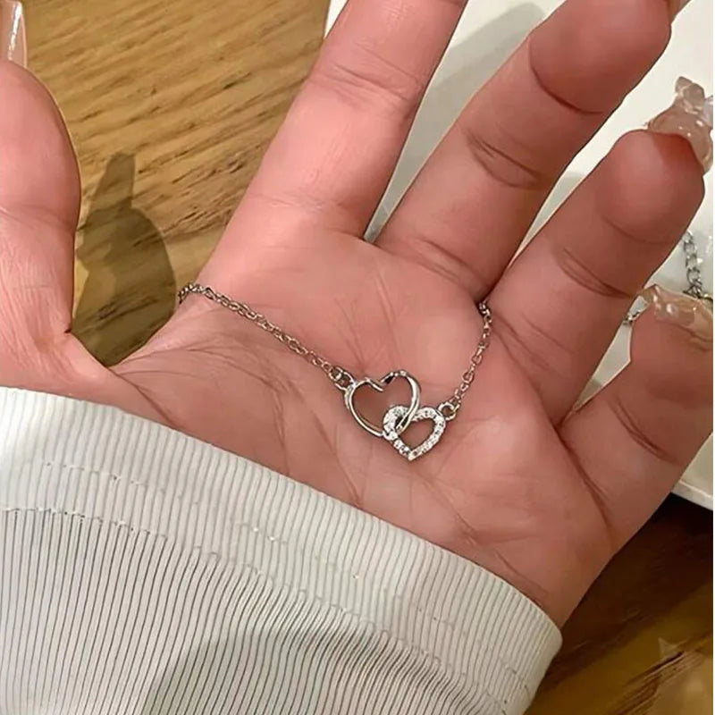 Simple Silver Color Love Heart Pendant Necklace Charm Chain Collares Necklace for Women Party Jewelry Daily Wear