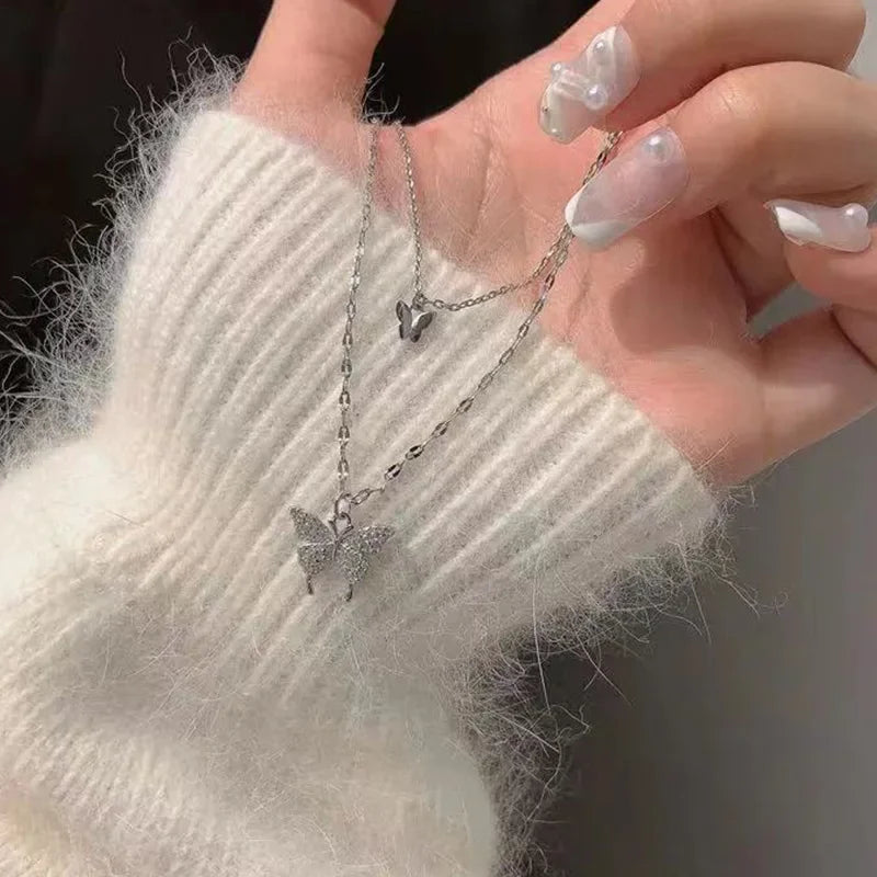 LATS Shiny Butterfly Necklaces Ladies Double Layer Clavicle Chain Necklace Jewelry for Ladies