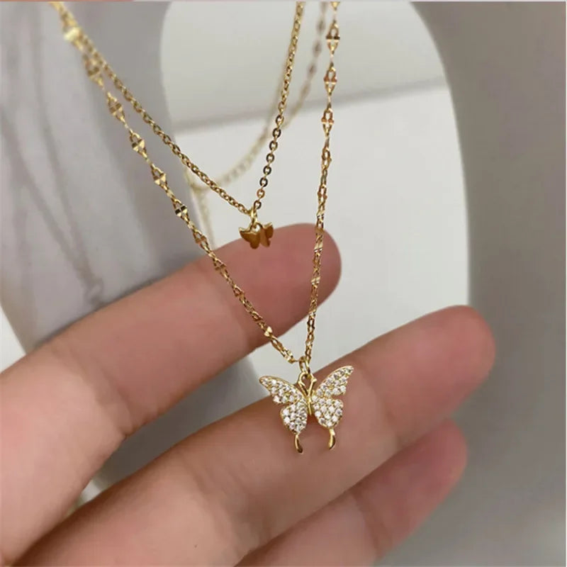 LATS Shiny Butterfly Necklaces Ladies Double Layer Clavicle Chain Necklace Jewelry for Ladies