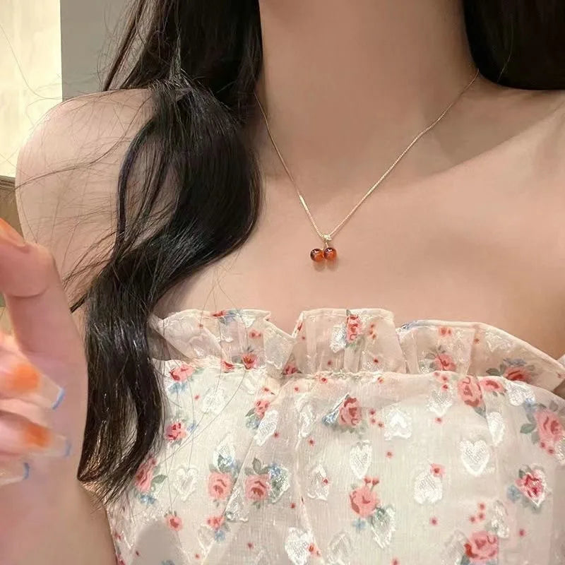 Wine Red Cherry Gold Color Pendant Necklace For Women and 2 more
