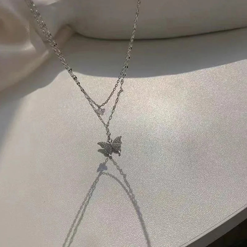 LATS Shiny Butterfly Necklaces Ladies Double Layer Clavicle Chain Necklace Jewelry for Ladies
