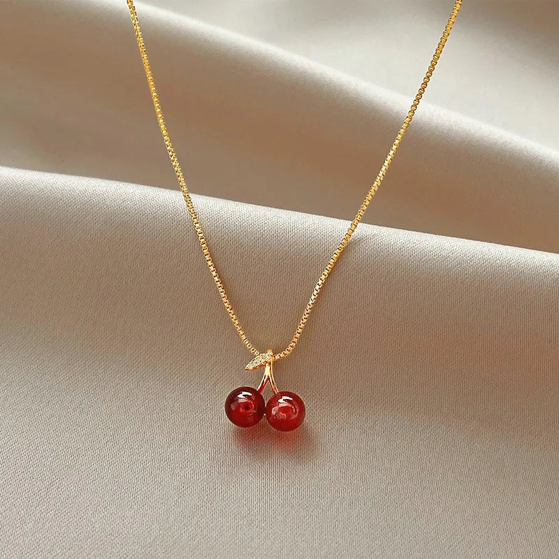Wine Red Cherry Gold Color Pendant Necklace For Women and 2 more