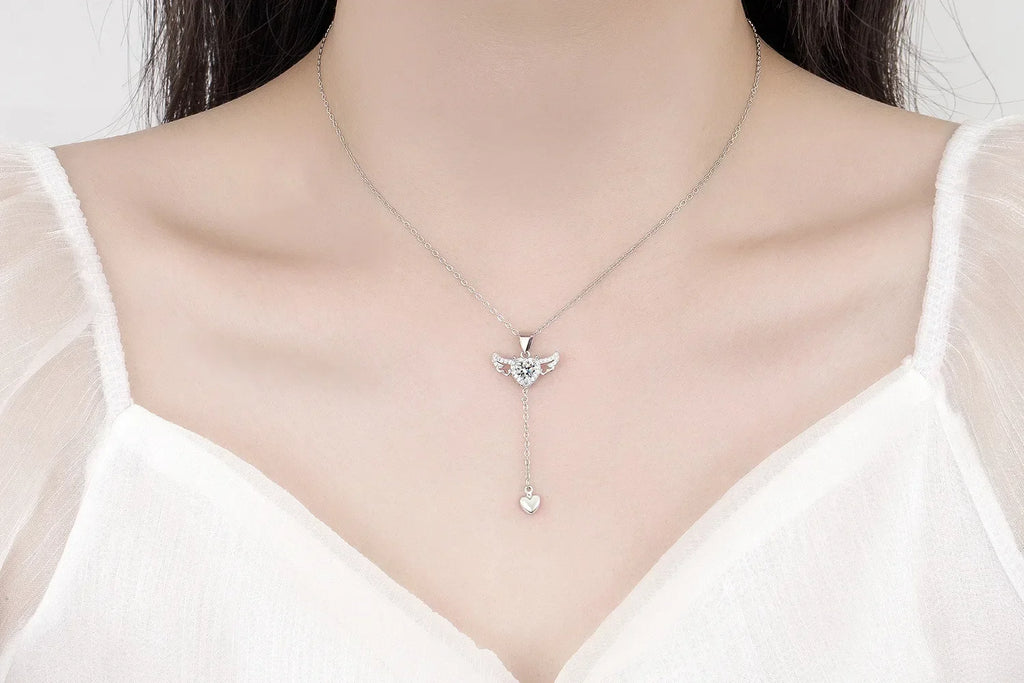 925 Sterling Silver Heart Angel Wings Pendant Choker Necklaces For Women