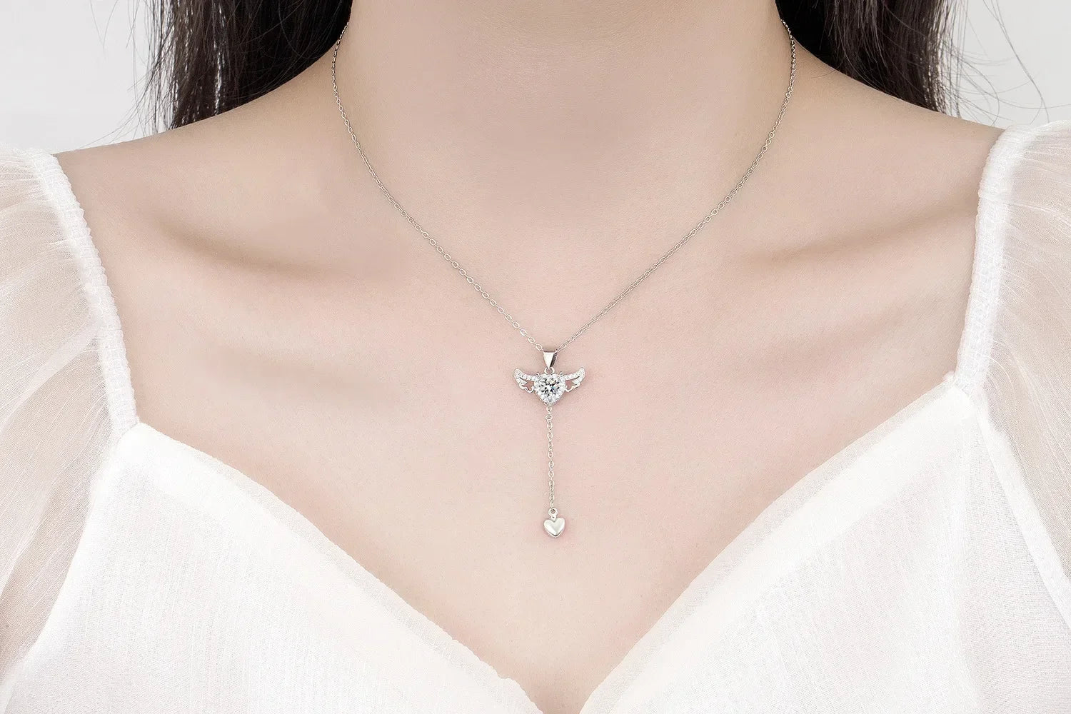 925 Sterling Silver Heart Angel Wings Pendant Choker Necklaces For Women
