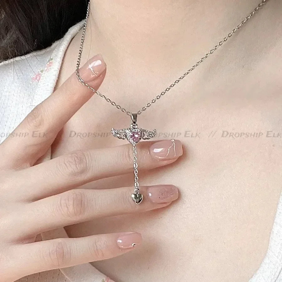 925 Sterling Silver Heart Angel Wings Pendant Choker Necklaces For Women