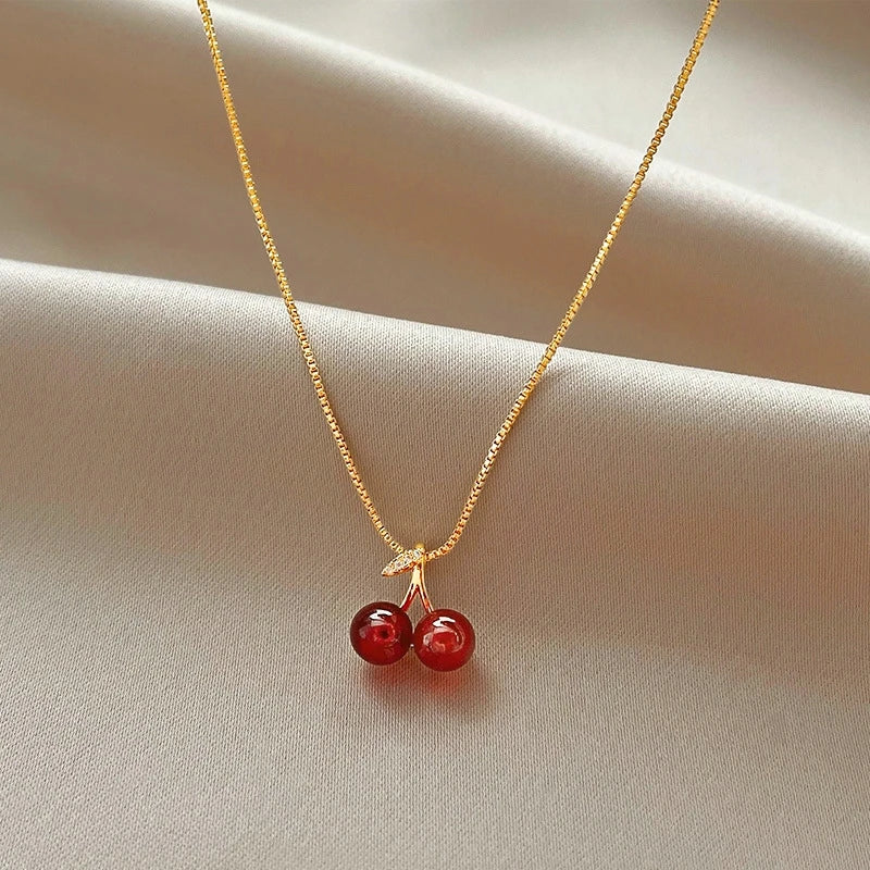 Wine Red Cherry Gold Color Pendant Necklace For Women and 2 more