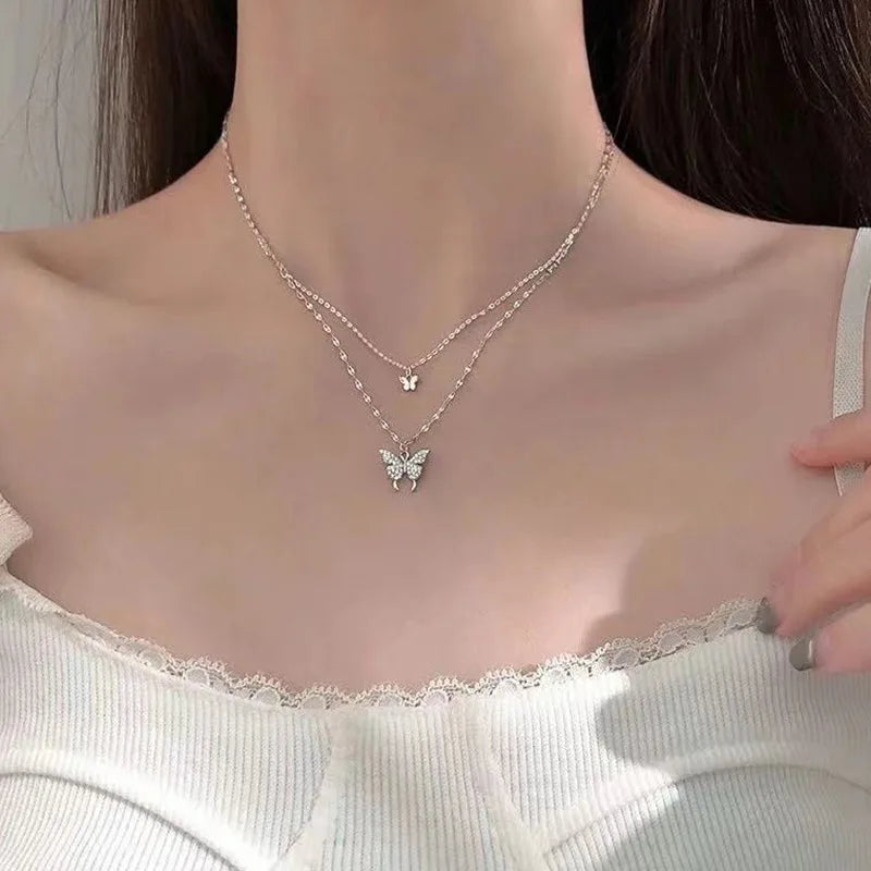 LATS Shiny Butterfly Necklaces Ladies Double Layer Clavicle Chain Necklace Jewelry for Ladies
