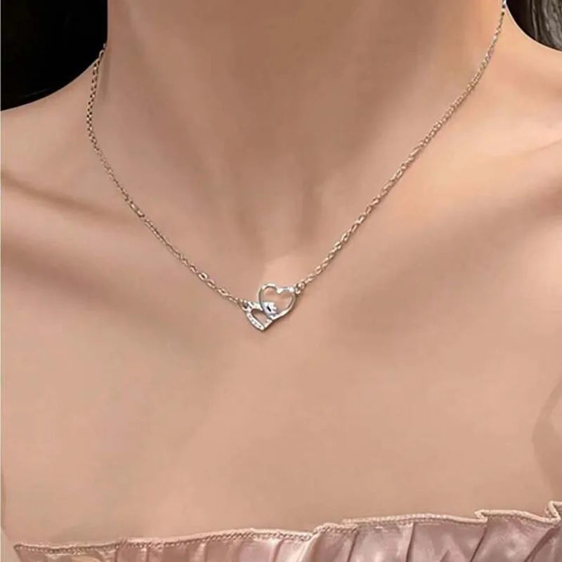 Simple Silver Color Love Heart Pendant Necklace Charm Chain Collares Necklace for Women Party Jewelry Daily Wear