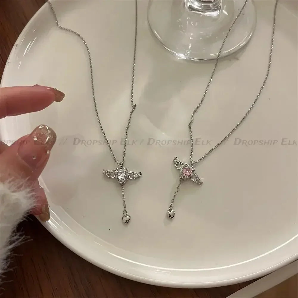 925 Sterling Silver Heart Angel Wings Pendant Choker Necklaces For Women